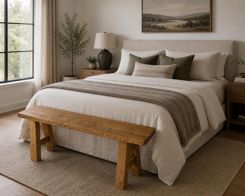May include: A bedroom scene featuring a bed with cream-colored bedding, olive green pillows, and a brown throw blanket. A wooden bench sits at the foot of the bed. A landscape painting hangs above the bed.