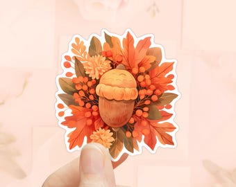Acorn with Fall Leaves Sticker, Autumn Sticker, Waterproof Vinyl, Fall Foliage, Laptop Sticker, Acorn Sticker, Oak Tree, Woodland Nature
