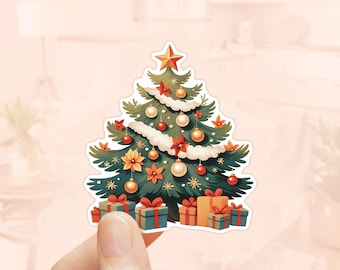 Pegatina de árbol de Navidad, pegatinas de vacaciones, vinilo resistente al agua, pegatinas de pino, pegatinas para vasos, temporada de invierno, feliz Navidad,