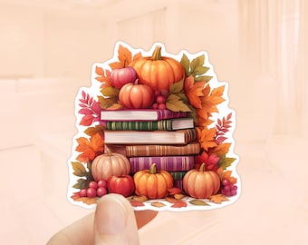 Sticker stapel boeken met pompoenen, waterdicht vinyl, Cottagecore, Kindle-sticker, herfststickers, herfststickers, cadeaus boekenliefhebbers