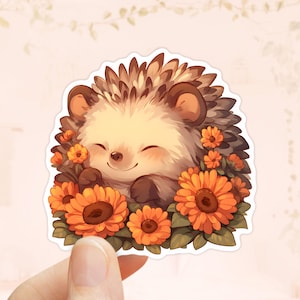 Pegatina de erizo con girasoles, temporada de otoño, pegatinas de otoño, pegatina para portátil, calcomanía de erizo, vinilo resistente al agua, pegatinas de animales bonitos