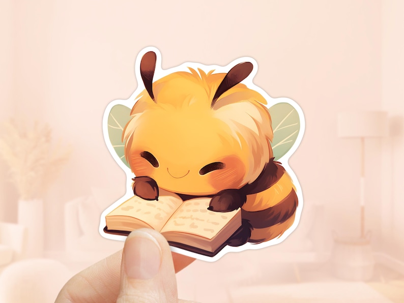 May include: A cute cartoon bee with yellow and black stripes is reading a book. The bee has a happy expression on its face and is holding the book with its paws.