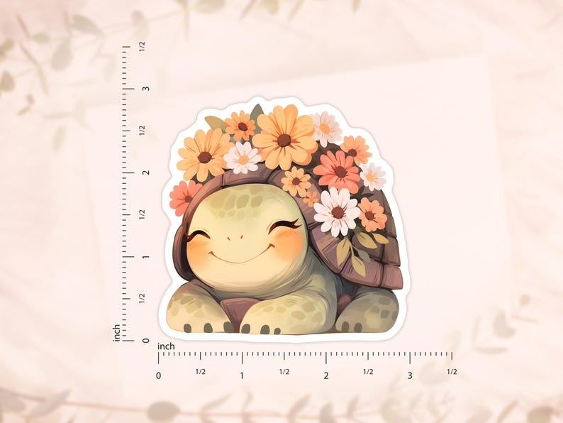 May include: A smiling cartoon turtle wearing a crown of orange, pink, and white flowers. The turtle is sitting on a white background.