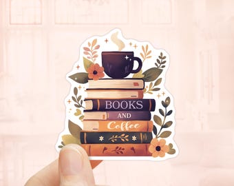 本とコーヒーのステッカー、Kindle ステッカー、本好きへのギフト、本好きのデカール、ラップトップ ステッカー、防水ステッカー、読書ステッカー、図書館