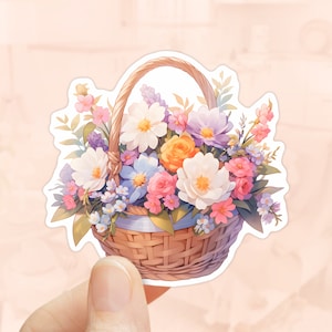 Adesivo de cesta floral de primavera, flores multicoloridas, temporada de primavera, adesivos à prova d'água, adesivos de diário, álbum de recortes, flores silvestres