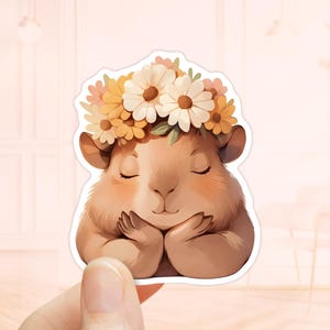 Pegatina de corona floral de capibara, linda capibara, pegatina para computadora portátil, pegatina de roedor, pegatinas impermeables, linda pegatina de animal, calcomanía de capibara