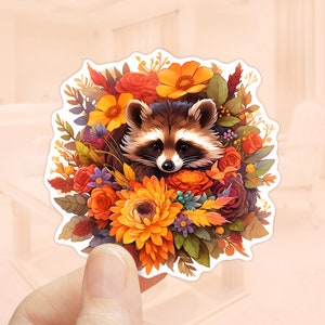 Waschbär Blumen Aufkleber, Herbst Blumen, Herbst Saison, Herbst Aufkleber, Laptop Aufkleber, Becher Aufkleber, wasserdicht Aufkleber, Scrapbook Aufkleber