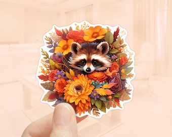 Raccoon Floral Sticker, Fall Flowers, Autumn Season, Fall Sticker, Laptop Sticker, Tumbler Sticker, Waterproof Decal, Scrapbook Sticker