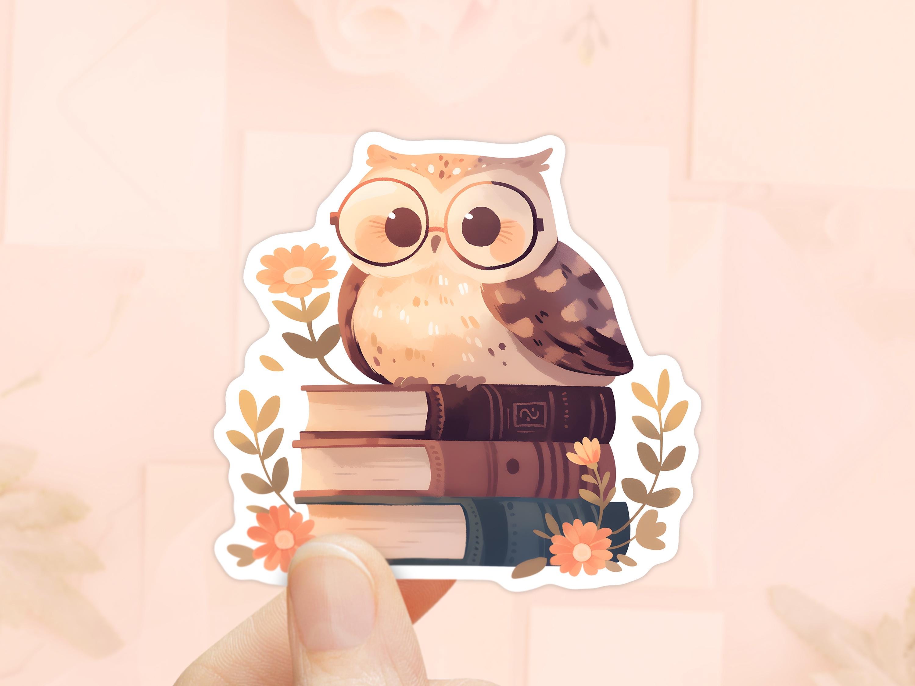 Cute Owl on Books Sticker, Spring Flowers, Waterproof Vinyl, Book Lovers Gifts, Kindle Stickers, Rea