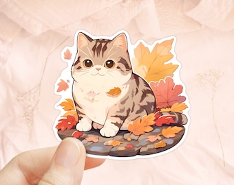 Cute Cat Sticker, American Shorthair, Maple Leaves, Kawaii Stickers, Fall Sticker, Laptop Sticker, Tumbler Sticker, Scrapbook Stickers
