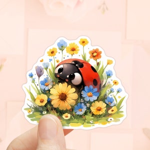 Sticker coccinelle avec fleurs, sticker pour ordinateur portable, sticker floral, stickers imperméables, sticker coccinelle, sticker fleurs sauvages, saison du printemps