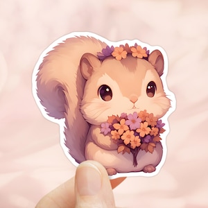 Pegatina de ardilla linda con flores, pegatina para computadora portátil, pegatina resistente al agua, pegatina de ardilla listada, regalo para amantes de las ardillas, pegatinas de animales, bosque