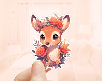 Cute Deer Sticker, Laptop Sticker, Animals lover, waterproof stickers, planner stickers, Floral Stickers, Kindle Sticker, Cottagecore