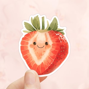 Leuke sticker aardbei, waterdicht vinyl, fruitstickers, laptopsticker, sticker waterfles, sticker schattig eten, kawaii aardbei