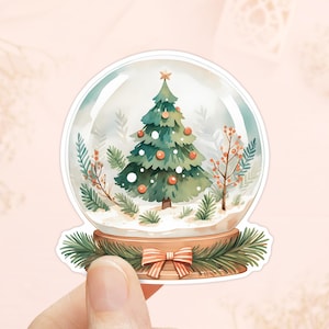 Leuke sticker kerstboom sneeuwbol, waterdicht vinyl, kerststickers, dennenboom, sticker winterlandschap, sneeuwbol, feestdagen