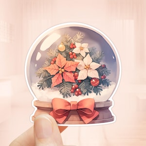 Sticker kerstster bloemen sneeuwbol, waterdicht vinyl, stickers feestdagen, kerststickers, sticker beker, kerstbloem, winter