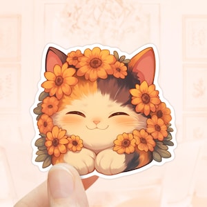 Pegatinas de girasoles de gato calicó, animales bonitos, vinilo resistente al agua, regalos de gato calicó, pegatinas de gatitos, pegatinas florales, amantes de los gatos, pegatinas de otoño