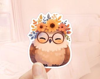 Owl with Glasses Sticker, Bird Stickers, waterproof sticker, Cute Owl Sticker, Owl Lover Gift, Cute Animal Stickers, Woodland Nursery