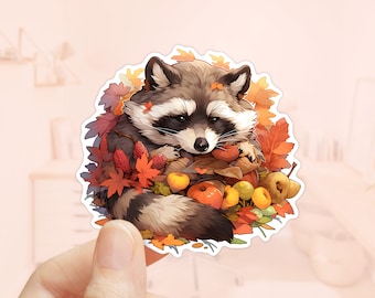 Raccoon Sticker, Maple Leaves, Autumn Season, Fall Sticker, Laptop Sticker, Tumbler Sticker, Waterproof Decal, Scrapbook Sticker