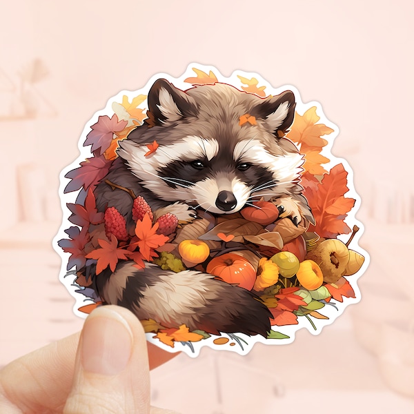 Raccoon Sticker, Maple Leaves, Autumn Season, Fall Sticker, Laptop Sticker, Tumbler Sticker, Waterproof Decal, Scrapbook Sticker