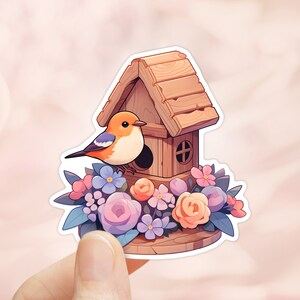 Vogelhaus-Aufkleber aus Holz, Laptop-Aufkleber, Vogelliebhaber, wasserfeste Aufkleber, Journal-Aufkleber, Blumen-Aufkleber, Journal-Aufkleber, Frühling