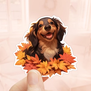 Pegatina de perro salchicha de pelo largo, hojas de otoño, pegatinas de otoño, vinilo resistente al agua, pegatinas para perros, dueño de un perro salchicha de pelo largo, regalo para amantes de los perros salchichas