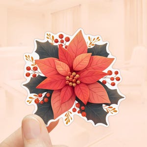 Sticker kerststerbloem, waterdicht vinyl, stickers feestdagen, kerststickers, sticker beker, kerstbloem, bloemen, winter