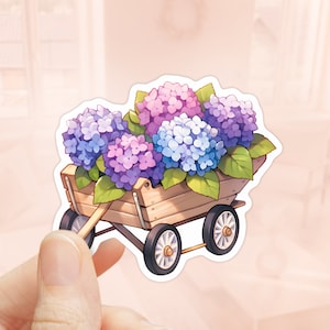 Kruiwagen paarse hortensia's sticker, waterdichte vinyl sticker, waterflessen sticker, laptop sticker, bloemen sticker, hortensia bloem