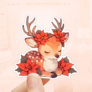 Deer Woodland Weihnachtsaufkleber, wasserdichtes Vinyl, Weihnachtsaufkleber, Woodland Deer, niedliche Tieraufkleber, Poinsettia-Blumen, Feiertage
