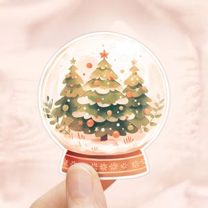 Sticker bos sneeuwbol, stickers feestdagen, waterdicht vinyl, ephemera kerst, sticker Forrest, sticker winters tafereel, kerstboom