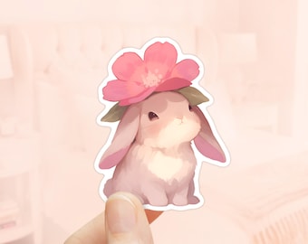 Bunny with Flower Hat Sticker, Laptop Sticker, Bunny Stickers, Waterproof Vinyl, Girly Stickers, Kindle Sticker, Spring Season, Aesthetic