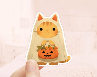 Cute Cat Ghost Vinyl Sticker, Waterproof sticker, Halloween