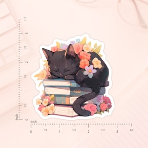 Pu&ograve; includere: Un gatto nero con gli occhi chiusi dorme su una pila di libri colorati. Il gatto &egrave; circondato da fiori rosa, viola e gialli.