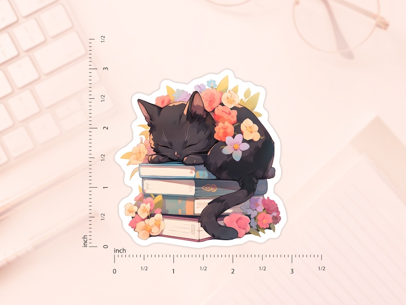 Pu&ograve; includere: Un gatto nero con gli occhi chiusi dorme su una pila di libri colorati. Il gatto &egrave; circondato da fiori rosa, viola e gialli.