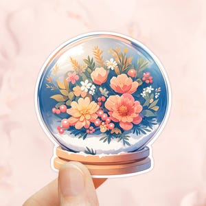 Adesivo de globo de neve floral, adesivos de flores, vinil à prova d'água, adesivo de Natal, decalque floral, presentes de jardineiro, globo de neve