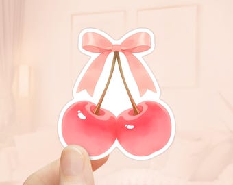 Coquette Cherry Sticker, Pink Bow Sticker, Waterproof Vinyl, Girly Stickers, Cute Stickers, Kindle Sticker, Coquette Bow, Pink Cherries