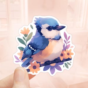 Adesivo ghiandaia azzurra con fiori, vinile impermeabile, adesivo per laptop, adesivo Kindle, decalcomania per uccelli, adesivi Cyanocitta, regali per gli amanti degli uccelli, primavera