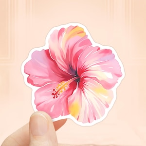 Sticker aquarelle rose et hibiscus, vinyle imperméable, sticker tropical, fleur hawaïenne, stickers pour verres, fleur d'hibiscus, décalcomanie florale