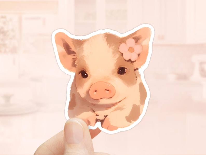 May include: A sticker featuring a cartoon piglet with a pink flower on its head. The piglet has brown spots and is looking directly at the viewer.