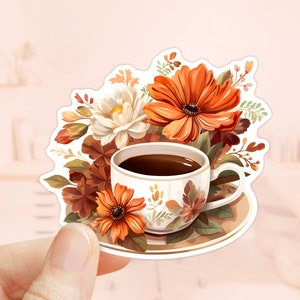 Xícara de café com adesivo de flores de outono, temporada de outono, adesivos para laptop, presente para amantes de café, adesivo de vinil, adesivo para garrafa de água