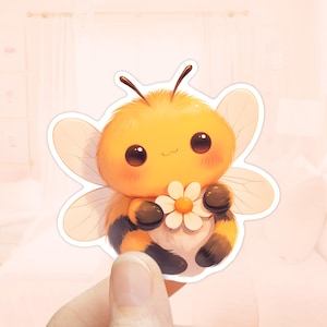 Pegatina de abeja kawaii con flor, pegatina de diario, calcomanía de insecto, vinilo resistente al agua, pegatinas de abeja, pegatina de abejorro, abeja chibi linda