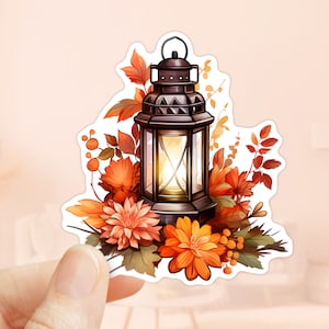 Adesivo de queda de lanterna de óleo, flores de dália, estação de outono, adesivo de outono, adesivos de scrapbook, adesivo de planejador, adesivo decorativo, à prova d'água