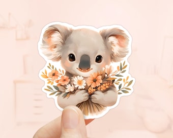 Koala with Flowers Sticker, Koala Sticker, Laptop Sticker, Animals Lover, waterproof stickers, Cute Animal Stickers, Australian Koala