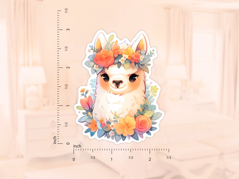 以下が含まれることがあります： ピンク、オレンジ、黄色の花でできた花冠をかぶった、かわいい漫画のラマ。ラマは白く、茶色の目とピンクの鼻をしています。背景は薄いピンクです。