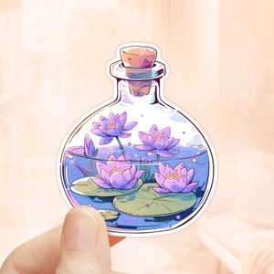 Adesivo de poção de nenúfar, flor de nascimento de julho, vinil à prova d'água, frasco de poção, adesivo de poção mágica, adesivo de flores de nascimento, lírio de lagoa