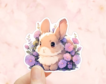Cute Bunny with Flowers Sticker, Laptop Sticker, Animals Lover, waterproof stickers, journal stickers, Easter, Kindle Sticker, Spring Season