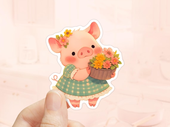 Adorable Pig Picking Flowers Sticker, Pig Sticker, Laptop Sticker, Animals Lover, waterproof stickers, Farm Animal Stickers, Barnyard