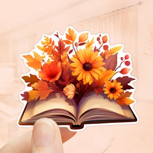 Open boek met herfstbloemensticker, waterdicht vinyl, Cottagecore, Kindle sticker, herfststickers, hyggestickers, boekenliefhebbers