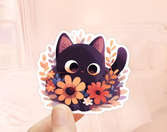 Pegatina de gato negro adorable, vinilo resistente al agua, gato negro con flores, regalo para amantes de los gatos, pegatinas para portátil, pegatina de animal adorable, calcomanía de mamá gato negro