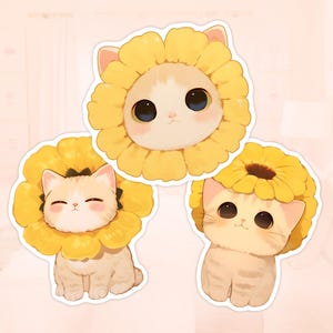 Ensemble d'autocollants déguisés en chats, Printemps, Sticker imperméable, Stickers chatons, Stickers floraux, Amoureux des chats, Chapeau fleur de chat